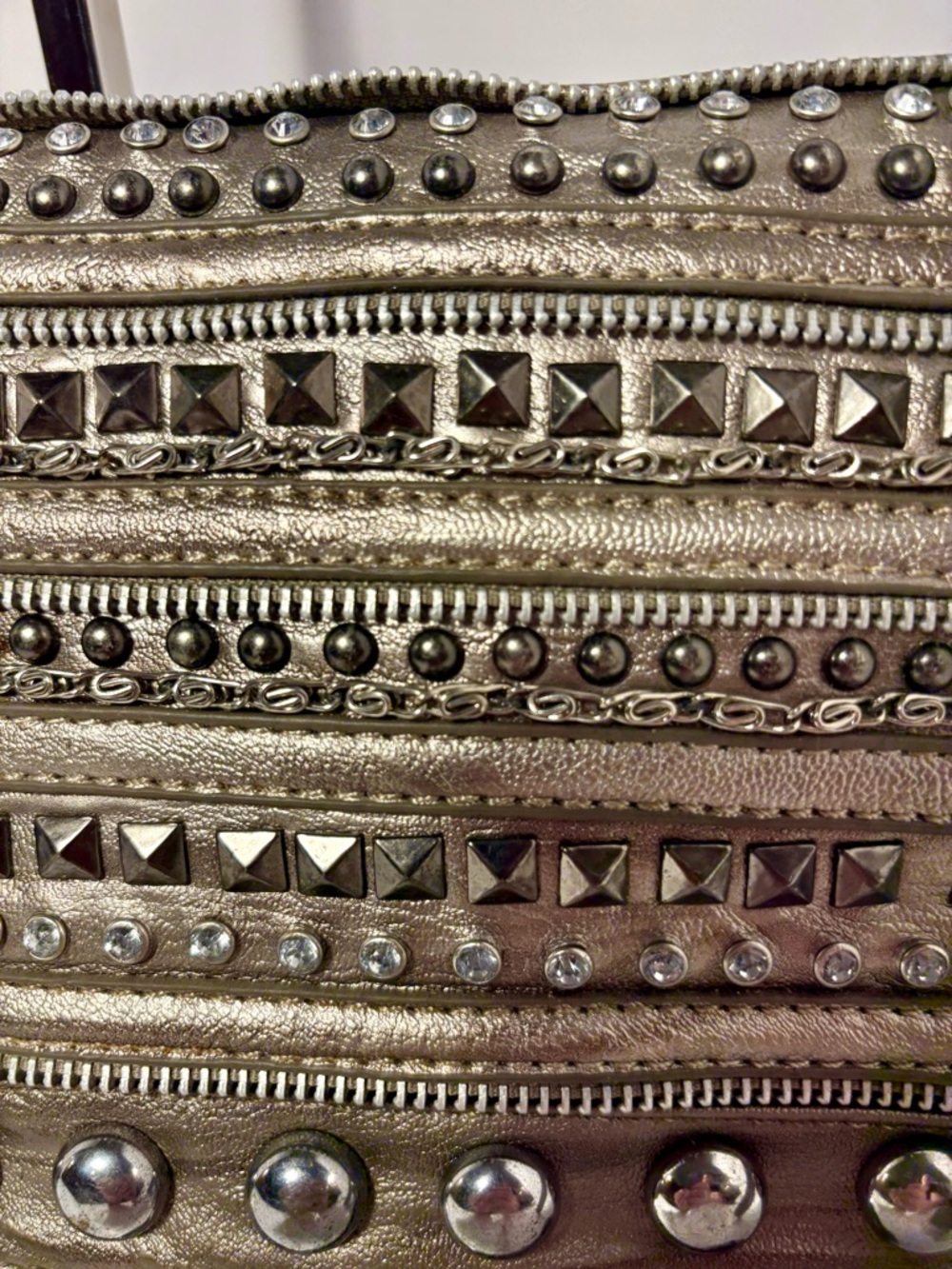 lola Metallic Silver Studded Clutch with Chain Detail - Picture 3 of 9